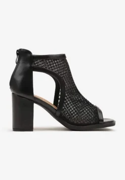 Czarne Siateczkowe Sandały Stylizowane na Botki na Obcasie z Cyrkoniami Senarila