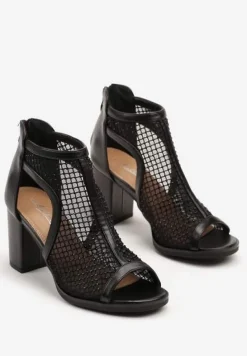Czarne Siateczkowe Sandały Stylizowane na Botki na Obcasie z Cyrkoniami Senarila