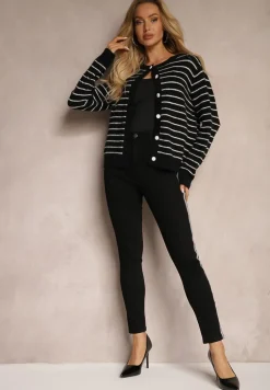 Czarne Skinny Jeansy Regular Waist z Ozdobnymi Paskami Brokatowymi Nelti