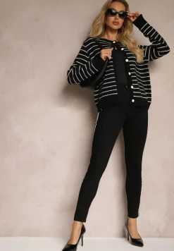 Czarne Skinny Jeansy Regular Waist z Ozdobnymi Paskami Brokatowymi Nelti