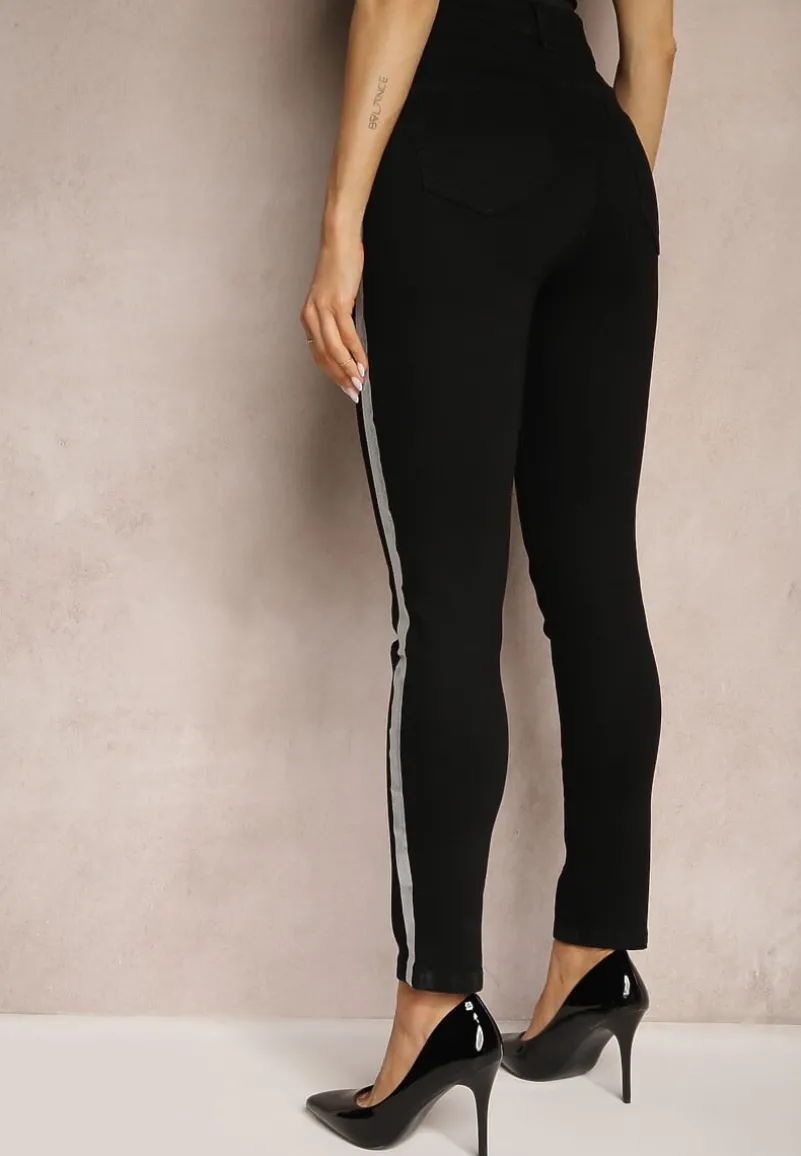 Czarne Skinny Jeansy Regular Waist z Ozdobnymi Paskami Brokatowymi Nelti