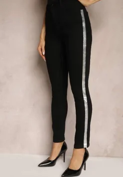 Czarne Skinny Jeansy Regular Waist z Ozdobnymi Paskami Brokatowymi Nelti