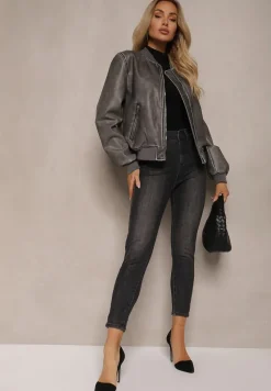 Czarne Skinny Jeansy z Bawełną i Przetarciami Rinalitha