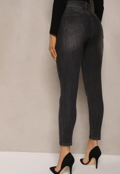 Czarne Skinny Jeansy z Bawełną i Przetarciami Rinalitha