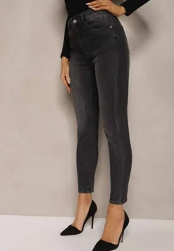 Czarne Skinny Jeansy z Bawełną i Przetarciami Rinalitha