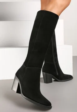 Czarne Skórzane Kozaki na Słupku Realinae