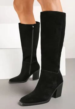 Czarne Skórzane Kozaki na Słupku Realinae