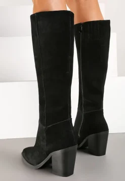 Czarne Skórzane Kozaki na Słupku Realinae