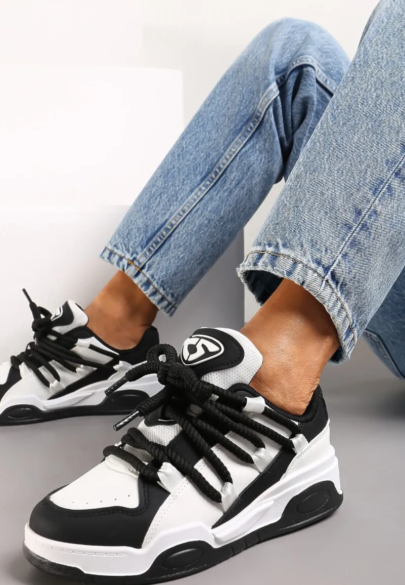 Czarne Sneakersy na Grubej Podeszwie z Imitacji Skóry z Grubymi Sznurowadłami Virinal