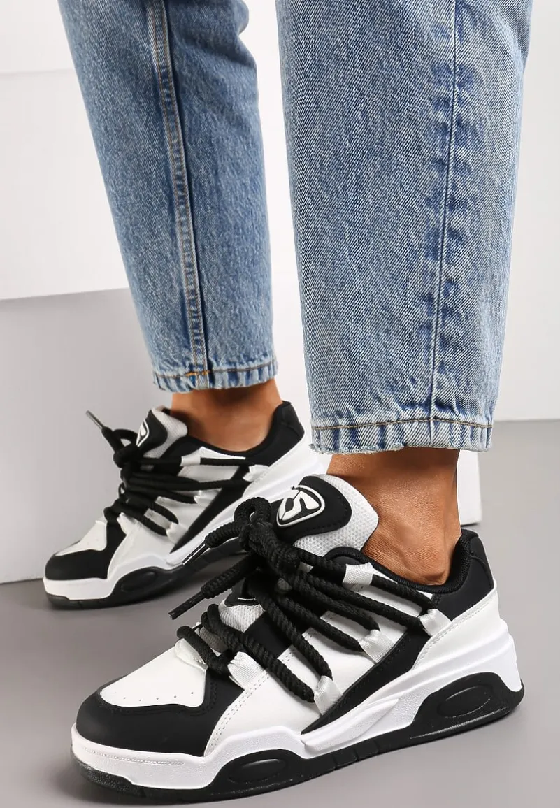 Czarne Sneakersy na Grubej Podeszwie z Imitacji Skóry z Grubymi Sznurowadłami Virinal