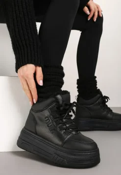 Czarne Sneakersy na Grubej Podeszwie Mocno Ocieplane Futrem Leavinael