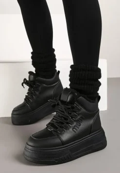 Czarne Sneakersy na Grubej Podeszwie Mocno Ocieplane Futrem Leavinael