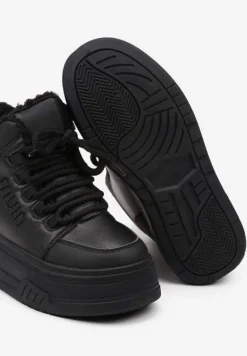 Czarne Sneakersy na Grubej Podeszwie Mocno Ocieplane Futrem Leavinael