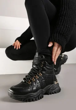 Czarne Sneakersy na Grubej Podeszwie z Ozdobnymi Przeszyciami i Futerkiem Selenita