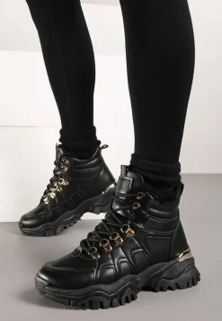 Czarne Sneakersy na Grubej Podeszwie z Ozdobnymi Przeszyciami i Futerkiem Selenita