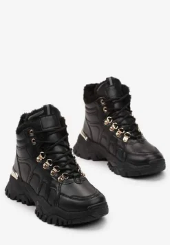 Czarne Sneakersy na Grubej Podeszwie z Ozdobnymi Przeszyciami i Futerkiem Selenita