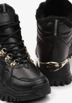 Czarne Sneakersy na Grubej Podeszwie z Ozdobnymi Przeszyciami i Futerkiem Selenita