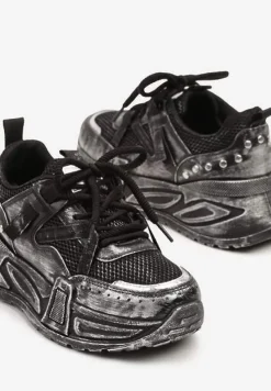 Czarne Sneakersy na Platformie z Ozdobnym Tłoczeniem Lurine