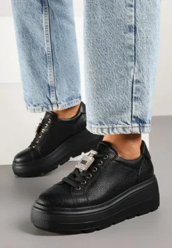 Czarne Sneakersy na Platformie ze Skóry Naturalnej z Metaliczną Aplikacją Falandria