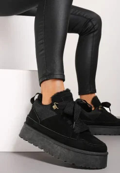 Czarne Sneakersy na Platformie ze Sznurowaniem Ozdobione Futerkiem Vaivelle