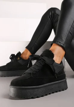 Czarne Sneakersy na Platformie ze Sznurowaniem Ozdobione Futerkiem Vaivelle