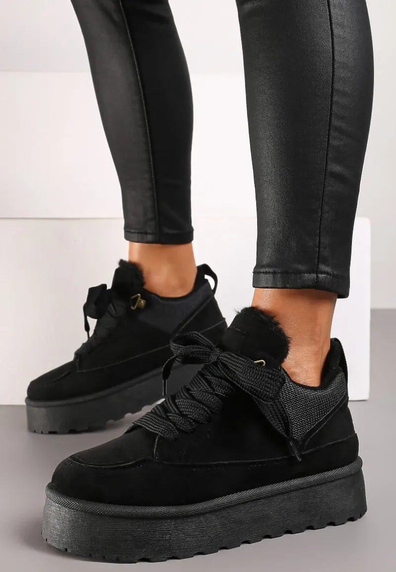 Czarne Sneakersy na Platformie ze Sznurowaniem Ozdobione Futerkiem Vaivelle