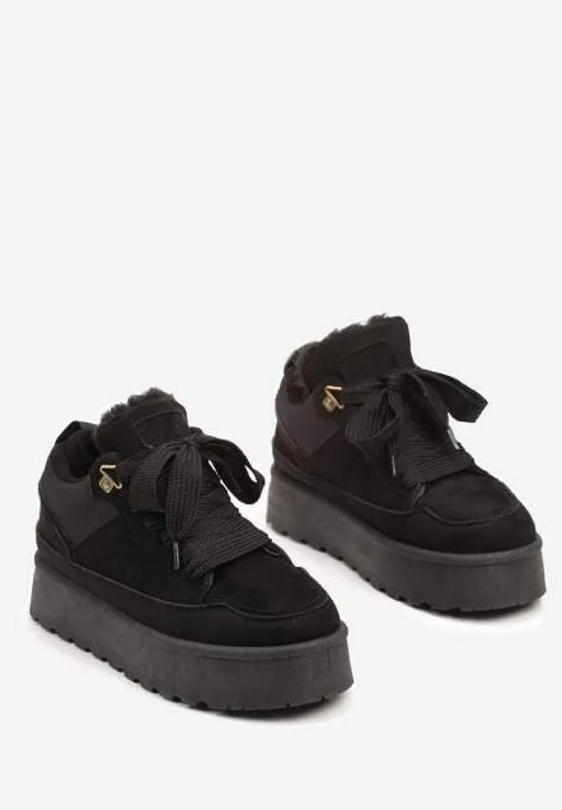Czarne Sneakersy na Platformie ze Sznurowaniem Ozdobione Futerkiem Vaivelle