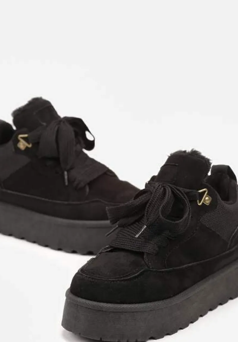 Czarne Sneakersy na Platformie ze Sznurowaniem Ozdobione Futerkiem Vaivelle