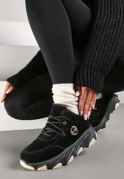 Czarne Sneakersy na Platformie z Metaliczną Ozdobą i Geometrycznym Motywem Delasiel