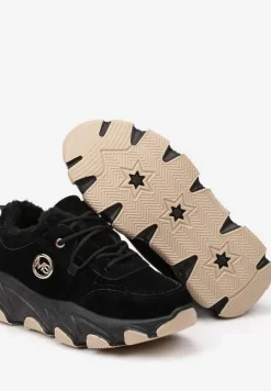 Czarne Sneakersy na Platformie z Metaliczną Ozdobą i Geometrycznym Motywem Delasiel