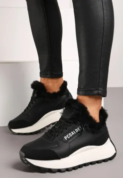 Czarne Sneakersy na Platformie z Napisem Sznurowaniem i Futerkiem Vazina