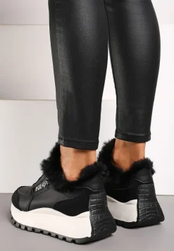 Czarne Sneakersy na Platformie z Napisem Sznurowaniem i Futerkiem Vazina