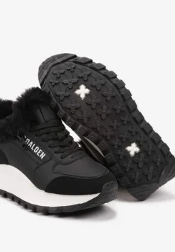 Czarne Sneakersy na Platformie z Napisem Sznurowaniem i Futerkiem Vazina