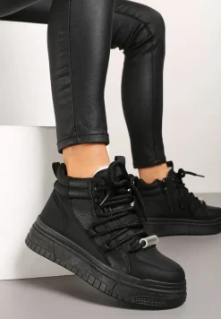 Czarne Sneakersy na Platformie z Wysoką Cholewką Futerkiem i Sznurowaniem Tamrion