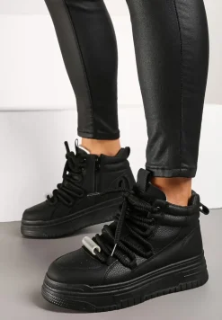Czarne Sneakersy na Platformie z Wysoką Cholewką Futerkiem i Sznurowaniem Tamrion