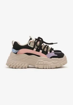 Czarne Sneakersy na Tłoczonej Platformie Wykończone Podwójnym Sznurowaniem Elirica