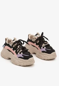 Czarne Sneakersy na Tłoczonej Platformie Wykończone Podwójnym Sznurowaniem Elirica