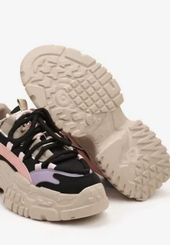 Czarne Sneakersy na Tłoczonej Platformie Wykończone Podwójnym Sznurowaniem Elirica