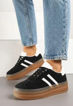 Czarne Sneakersy na Tłoczonej Platformie Ozdobione Paskami Felainora