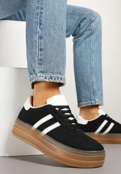 Czarne Sneakersy na Tłoczonej Platformie Ozdobione Paskami Felainora