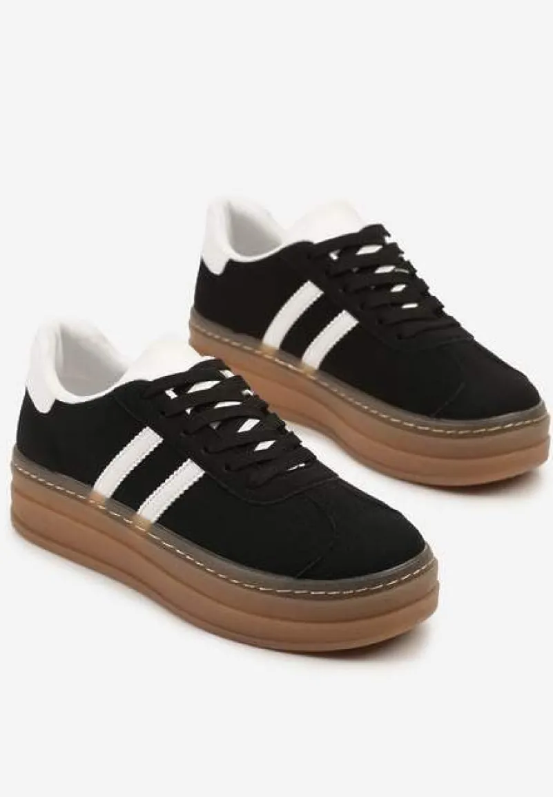 Czarne Sneakersy na Tłoczonej Platformie Ozdobione Paskami Felainora