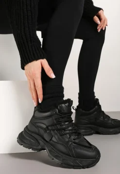 Czarne Sneakersy na Tłoczonej Podeszwie Ocieplone Futerkiem Miaola