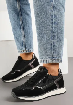 Czarne Sneakersy Ozdobione Suwakiem i Metalicznymi Wstawkami Alua