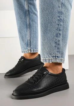 Czarne Sneakersy Skórzane z Perforacją i Ozdobą Neorielina