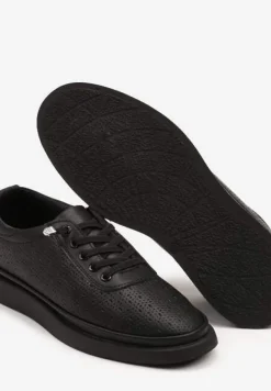 Czarne Sneakersy Skórzane z Perforacją i Ozdobą Neorielina