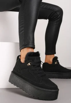 Czarne Sneakersy Stylizowane na Śniegowce Ozdobione Futerkiem Maviena