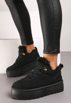 Czarne Sneakersy Stylizowane na Śniegowce Ozdobione Futerkiem Maviena