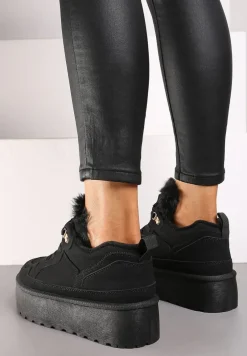 Czarne Sneakersy Stylizowane na Śniegowce Ozdobione Futerkiem Maviena