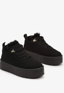 Czarne Sneakersy Stylizowane na Śniegowce Ozdobione Futerkiem Maviena