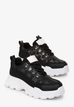 Czarne Sneakersy Sznurowane z Zaokrąglonym Noskiem na Grubej Podeszwie Alaiad